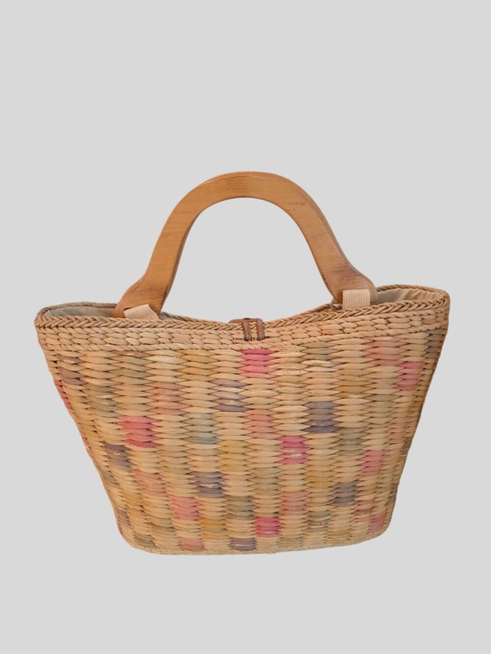 VTG Rare Woven Straw Basket Bag Hand Crafted Wooden Handles Boho Pastel Mix - Picture 2 of 11